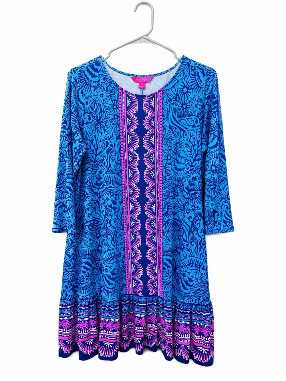 Lilly Pulitzer Blue & Pink Printed Shift Dress Size M – 3/4 Sleeve - Picture 2 of 6